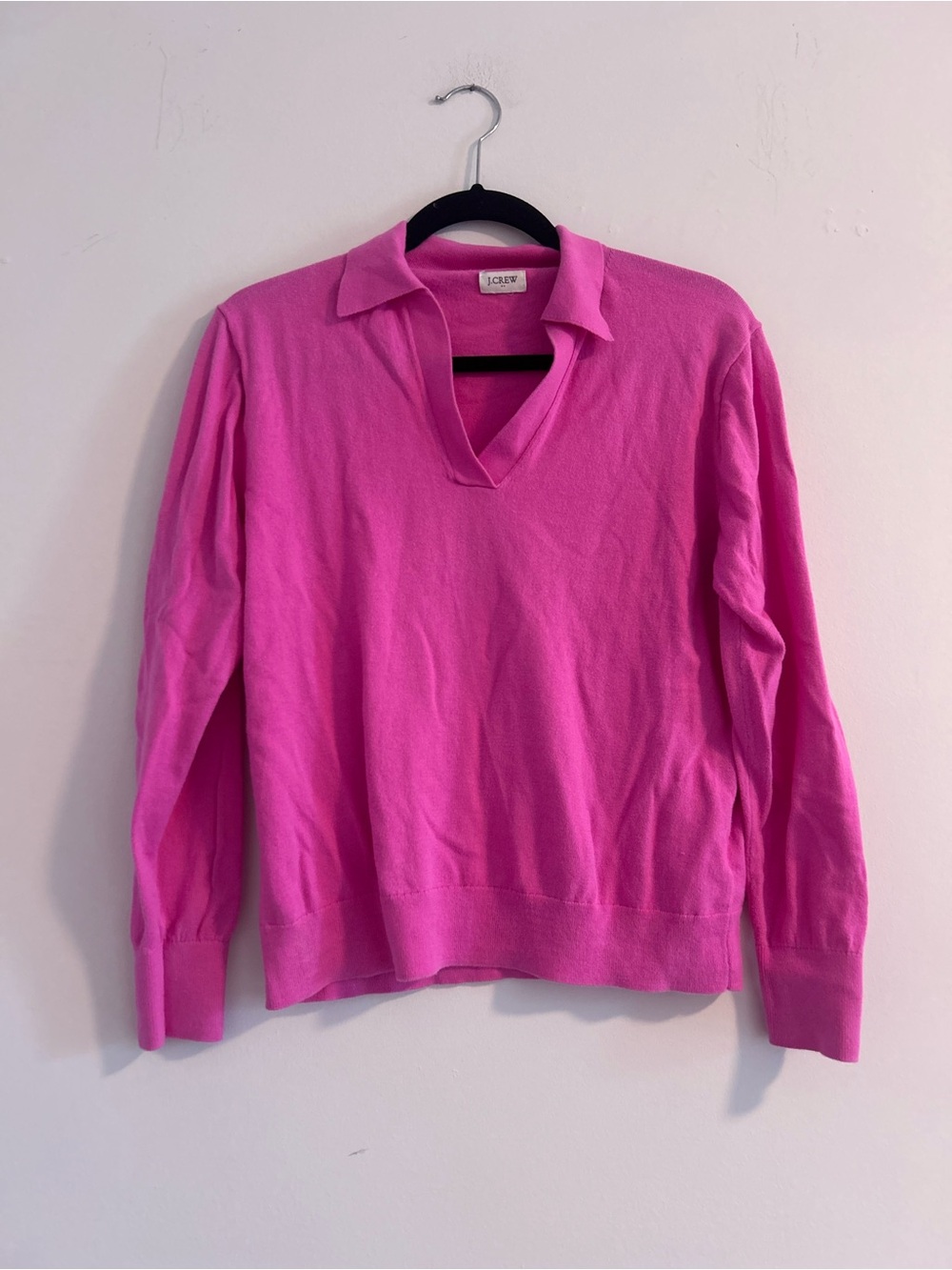 J. Crew 100% Cotton Bright Pink Collared V-Neck Sweater